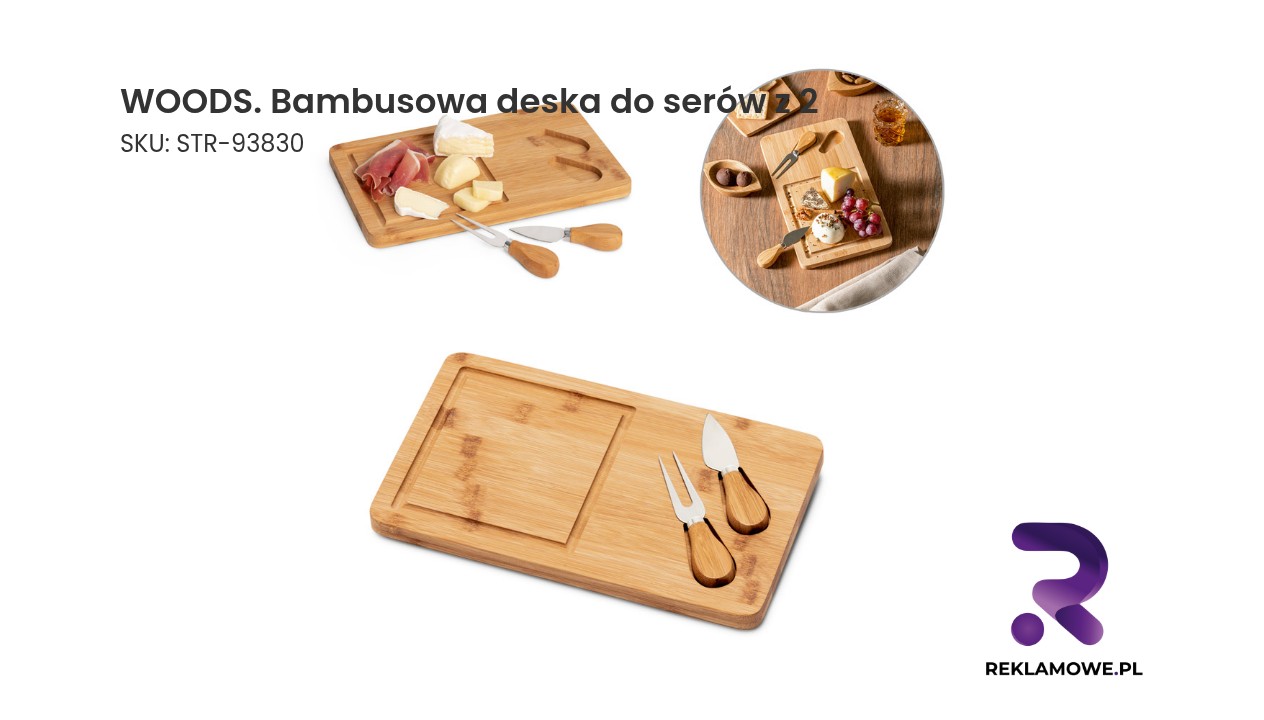 WOODS. Bambusowa deska do serów z 2 przyborami wykonanymi z bambusa i stali nierdzewnej Bambusowa deska do serów marki WOODS z akcesoriami